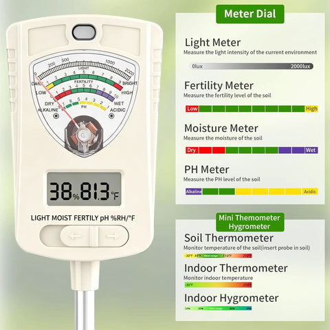 7 In 1 Soil Test Kit For Home Gardeners And Lawn Care With Moisture, pH, Temperature, Sunlight, Humidity And Fertility Meter, Built In 1.6 Inch Sensor, One Button Mode Switch For Easy Indoor Outdoor Plant Diagnostics. White plastic soil meter front view with dial and display.