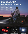 Beast Mode 750W Peak Fat Tire Electric Tricycle For Adults With Folding 20X4 Fat Tires, 48V 13Ah Battery, 50 Mile Range In PAS, UL Certified, Front And Rear Baskets, Differential, Ultra White rider at dusk with headlights on