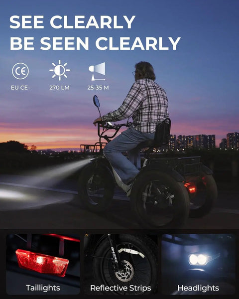 Beast Mode 750W Peak Fat Tire Electric Tricycle For Adults With Folding 20X4 Fat Tires, 48V 13Ah Battery, 50 Mile Range In PAS, UL Certified, Front And Rear Baskets, Differential, Ultra White rider at dusk with headlights on