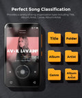 72GB MP3 Player With Bluetooth And 4.0 Inch Full Touchscreen showcasing song classification options on screen next to music folders