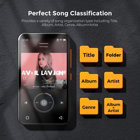 72GB MP3 Player With Bluetooth And 4.0 Inch Full Touchscreen showcasing song classification options on screen next to music folders