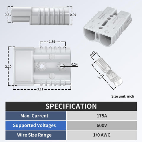 Dimensions and specifications of Beefed-Up Battery Quick Connect Disconnect Kit 175 Amp 600V 1/0 AWG Connector