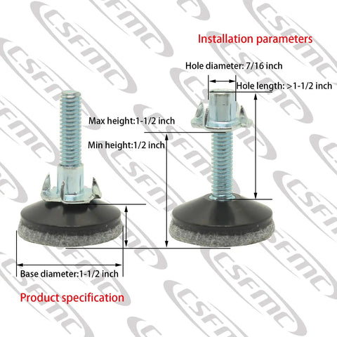 Adjustable Furniture Leg Levelers With High Density Felt Pads To Squash Wobbles And Shield Floors 5/16 Inch Thread 1.5 Base 12 Pack shown with installation parameters.