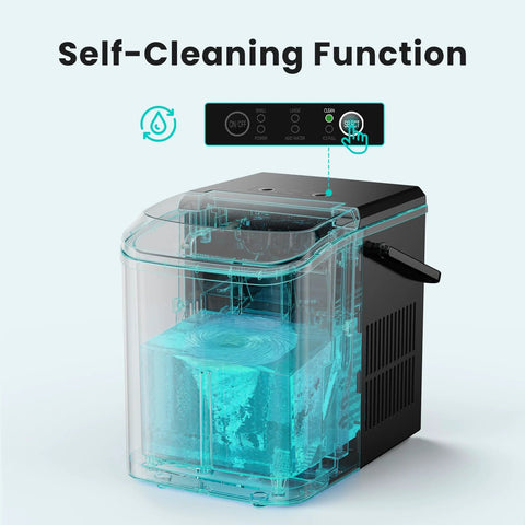 OLIXIS ice maker, front view, countertop black unit with clear ice bin and side handle, self-cleaning function.