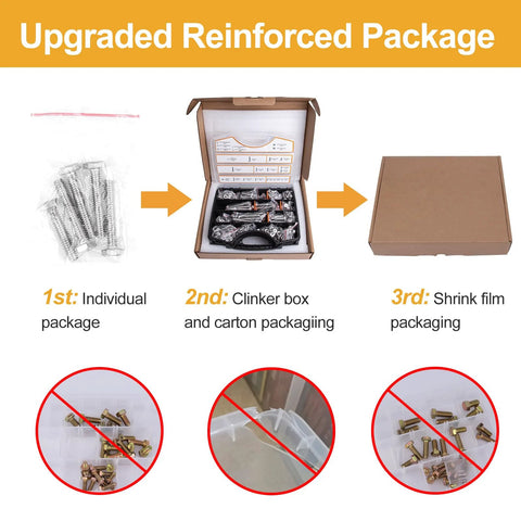Front view infographic: VIGRUE hex bolt kit packaging with screw bags, foam box, outer carton, no loose screws.