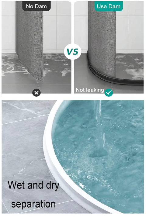 Comparison image of Three Inch Tall Collapsible Shower Threshold Water Dam showing difference in water retention, 59 inch long.
