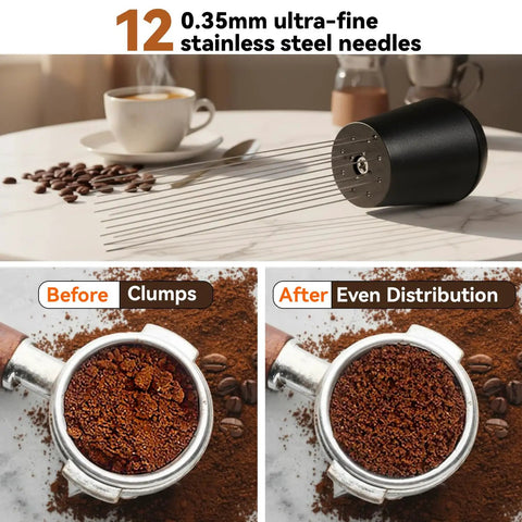 Level Up Your Home Cafe Setup With This Premium 58Mm Espresso Tamper And Coffee Distributor Bundle Including A Sharp WDT Tool For Even Distribution And Nailed Every Single Pull; Image shows 12 stainless steel needles for coffee distribution.