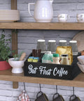 Sturdy Go To Coffee Station Organizer for Countertop and Bar Accessories Pod Holder on kitchen shelf with mugs and decor.
