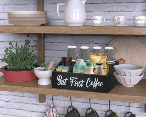 Sturdy Go To Coffee Station Organizer for Countertop and Bar Accessories Pod Holder on kitchen shelf with mugs and decor.