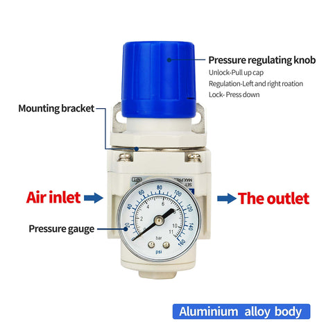 3/8 Inch NPT Air Pressure Regulator For Air Compressors With No Fuss Easy Pull Knob, 0-145 PSI Operating Range, showing parts