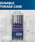 Front view of 5-Piece SDS-Plus Bulldog Rotary Hammer Bit Set with carbide-tipped bits in a reusable storage case for masonry.