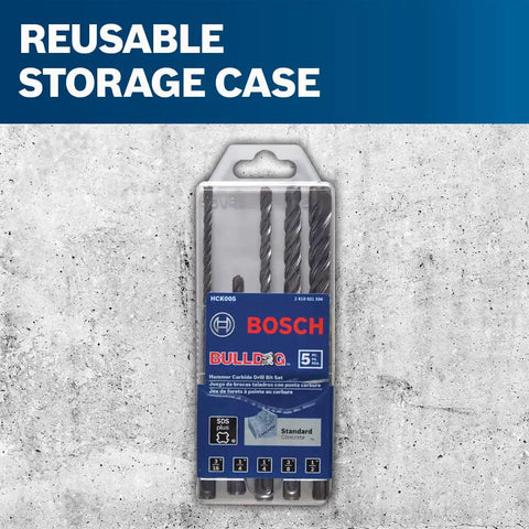 Front view of 5-Piece SDS-Plus Bulldog Rotary Hammer Bit Set with carbide-tipped bits in a reusable storage case for masonry.