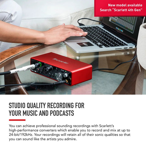 Person using Scarlett 2i2 3rd Gen USB Audio Interface For Recording Songwriting Streaming And Podcasting With Pro Preamps Air Mode