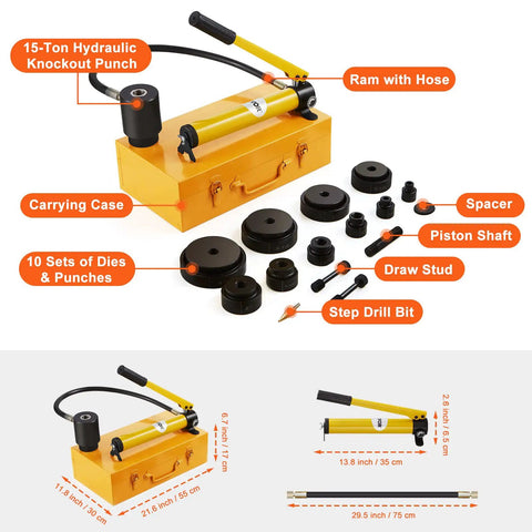 15 Ton Hydraulic Knockout Punch Kit with 10 Punches and Dies, Step Drill Bit, Carrying Case, Piston Shaft, Spacer, Sealing Rings