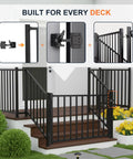 Slick Aluminum Deck Railing Door With No Fuss Self Closing Hinge and Darn Dependable Latch Quick Install Setup Weather Resistant Finish Top Shelf Quality Backyard Gates showing a black aluminum gate installed on a deck.