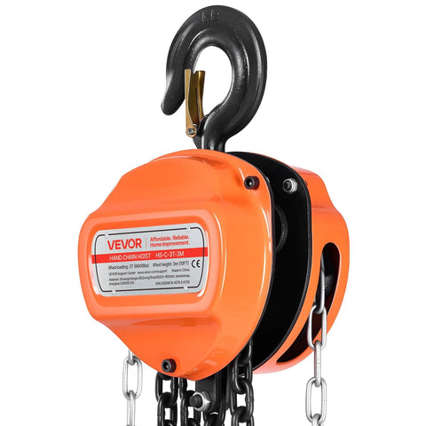 VEVOR hand chain hoist, 3-ton capacity, orange with galvanized G80 chain, front view
