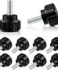 Knurled Threaded Thumbscrews M4 X 10mm For Monitor Mounts Carbon Steel Black 10 Pack shown in various angles.