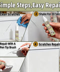 All In One Appliance Touch Up Paint Pen For Quick Fix And Rust Prevention, Bluish White Finish For Refrigerators, Washers, Dishwashers, Microwaves And Other Home Appliances shown repairing scratches in four steps.