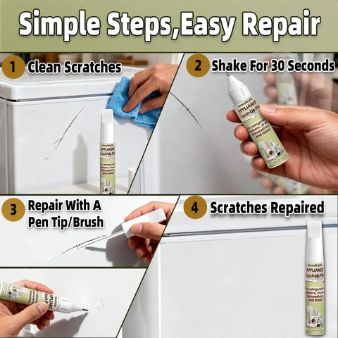 All In One Appliance Touch Up Paint Pen For Quick Fix And Rust Prevention, Bluish White Finish For Refrigerators, Washers, Dishwashers, Microwaves And Other Home Appliances shown repairing scratches in four steps.