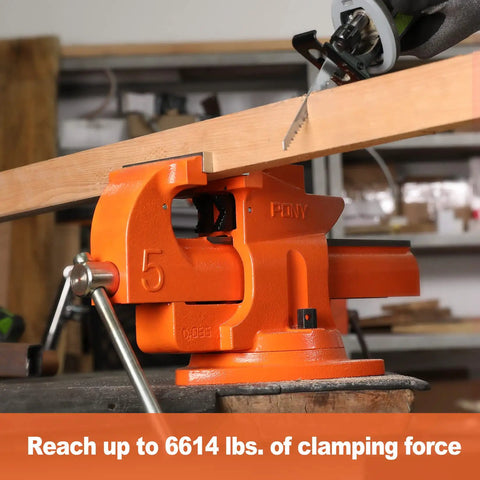Heavy Duty Bench Vise With Five Inch Jaw And Seven Inch Opening, 360 Degree Swivel Base With Anvil For Woodworking Pipes And Tubes