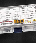 Heavy Duty 450 Pc Assorted Fastener Pack M2 M2.5 M3 Screw Kit For Laptop Repair and Hard Drive Swap with clear storage case.