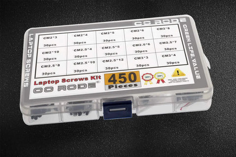 Heavy Duty 450 Pc Assorted Fastener Pack M2 M2.5 M3 Screw Kit For Laptop Repair and Hard Drive Swap with clear storage case.