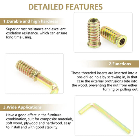 Detailed features of Heavy-Duty 5/16-18 Threaded Inserts for Wood Furniture With Hex Wrench, showcasing zinc plated carbon steel.