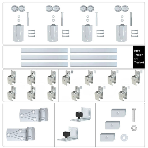 Premium 24ft Heavy Duty Galvanized Steel Exterior Sliding Barn Door Hardware Kit Featuring Rust Free Track Rollers parts and components layout.