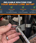Close-up of Beefy Bolt On Brake Line Tabs Mounting Brackets For 5/8 Inch Line Fittings installed on a steel tube with hand adjusting.