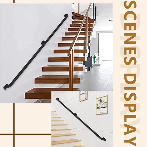 Hella Sturdy Black Wrought Iron Handrail Stair Railing Wall Mount Grab Bar For Indoor And Outdoor Upgrades 18 Foot Rust Proof durable handrail mounted on stairs.