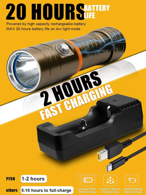 Underwater Dive Light 3500 Lumens With 485M Long Range Narrow Beam 150M Waterproof Rechargeable LED Torch with charger