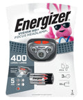 Vision HD Plus LED Headlamp With Pivoting Beam And Digital Focus packaging, Energizer brand with batteries, water resistant.