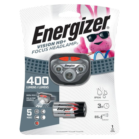 Vision HD Plus LED Headlamp With Pivoting Beam And Digital Focus packaging, Energizer brand with batteries, water resistant.