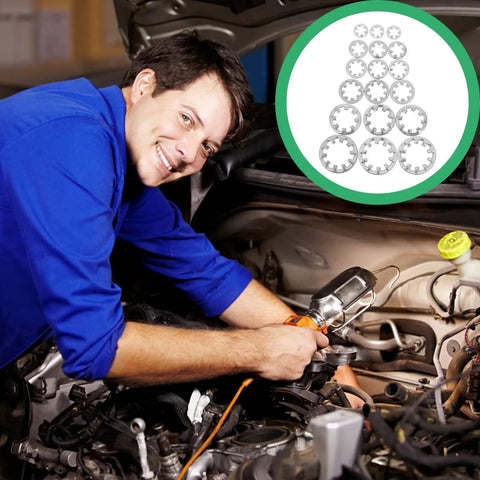 Mechanic using Heavy Duty Stainless Steel Internal Tooth Serrated Lock Washers 300 Piece Assortment with Star Shape Design
