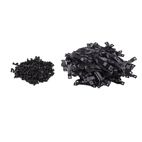 Pile of black metal sawtooth picture frame hangers with screws; Sawtooth Picture Frame Hangers With Screws Black Metal Heavy Duty 39mm By 7mm By 4mm Easy Install Nail In Back Hangers For Frames Photos Art Canvas Or Cross Stitch Rust Resistant 150 Pack