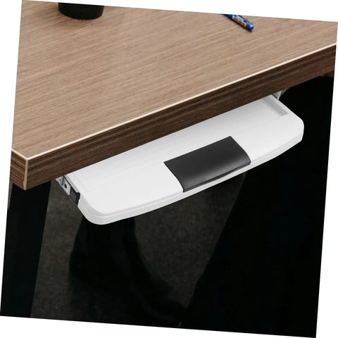 Under Desk Keyboard Tray With Slick Glide Mechanism And Ergonomic Wrist Rest For Smooth Typing Sessions Adds Workspace Flex and Solid mount visible under a wooden desk.