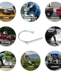 Beefy Workhorse 10 Pack Safety Coupler Pins And PTO Pins For Trailer Connectors And Farm Equipment displays various uses.