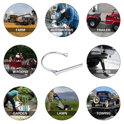 Beefy Workhorse 10 Pack Safety Coupler Pins And PTO Pins For Trailer Connectors And Farm Equipment displays various uses.