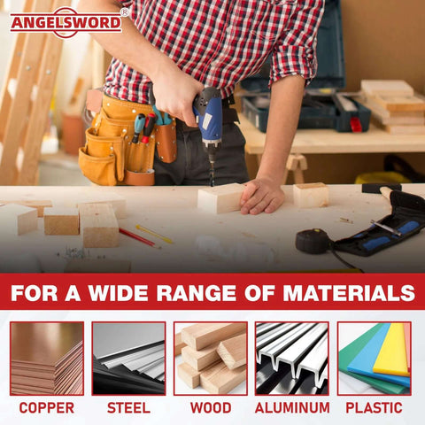 Angelsword 3/4 in reduced-shank drill bit in use on wood; worker with blue cordless drill and tool belt.