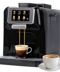 Top Shelf Fully Automatic Espresso Coffee Machine With Built In Milk Cooler And Precision Burr Grinder showcasing espresso flowing into a cup.
