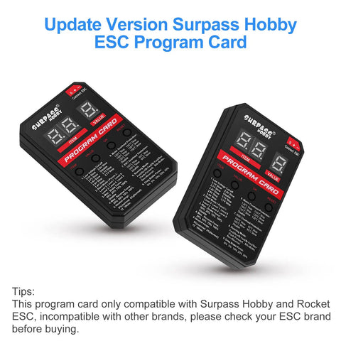 LED RC ESC Programmer Card For Brushless ESCs 25A-150A, featuring dual displays, compatible with Rocket RC and Surpass Hobby, update version