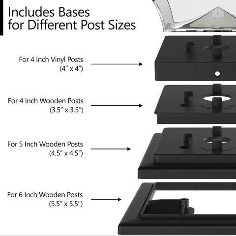 Includes bases for Solar Outdoor Post Cap Lights For 4x4 5x5 And 6x6 Posts, showing different sizes and materials