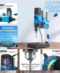 Mini Benchtop Drill Press With 1200W Motor And Six Variable Speeds Includes Heavy Duty Bit Kit Two In One Swiveling Mount, showcasing 90° rotating head and 6-speed control.