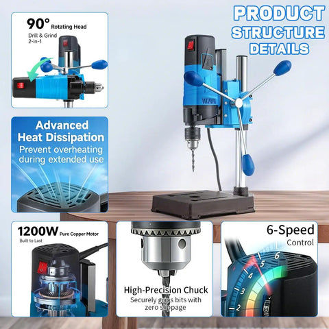Mini Benchtop Drill Press With 1200W Motor And Six Variable Speeds Includes Heavy Duty Bit Kit Two In One Swiveling Mount, showcasing 90° rotating head and 6-speed control.