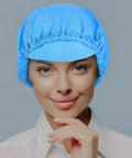 Slick Blue Anti Static Cap Set Made For Cleanroom Tasks And Factory Floors Featuring A Breathable Mesh Build on a woman smiling.