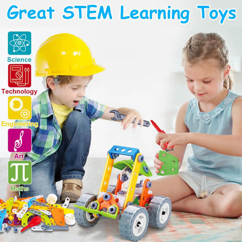 Children playing with Totally Fun 10 In 1 STEM Building Set For Kids Ages 4 To 8 A 167 Piece Creative Engineering Kit