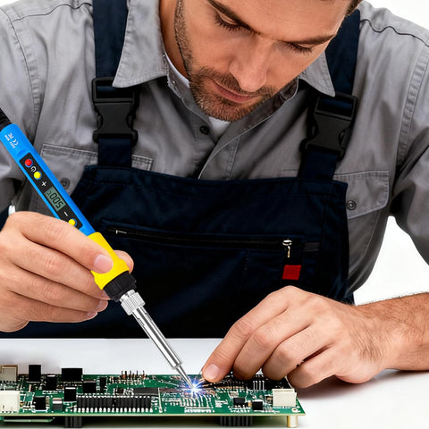 Man using Beast DIY 80W Soldering Gun Kit With Adjustable Temperature From 180 To 500 Celsius on a circuit board for electronics repair