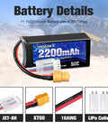 7.4V 2200mAh LiPo Battery 50C High Discharge 2S With XT60 plug, RC component details and connectors displayed