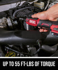 Person using Brushless 12V Ratchet Wrench Kit With 2Ah Battery And PWR Jump Charger in engine bay, 3/8 inch drive