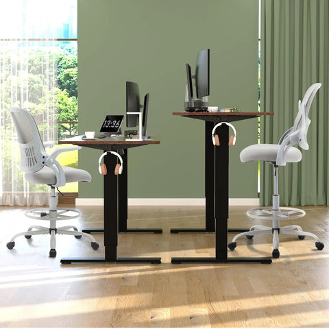 Two grey Drafting Chair For Standing Desks With Flip Up Arms, Counter Height Adjustable, Ergonomic Mid Back Mesh Chair On Wheels